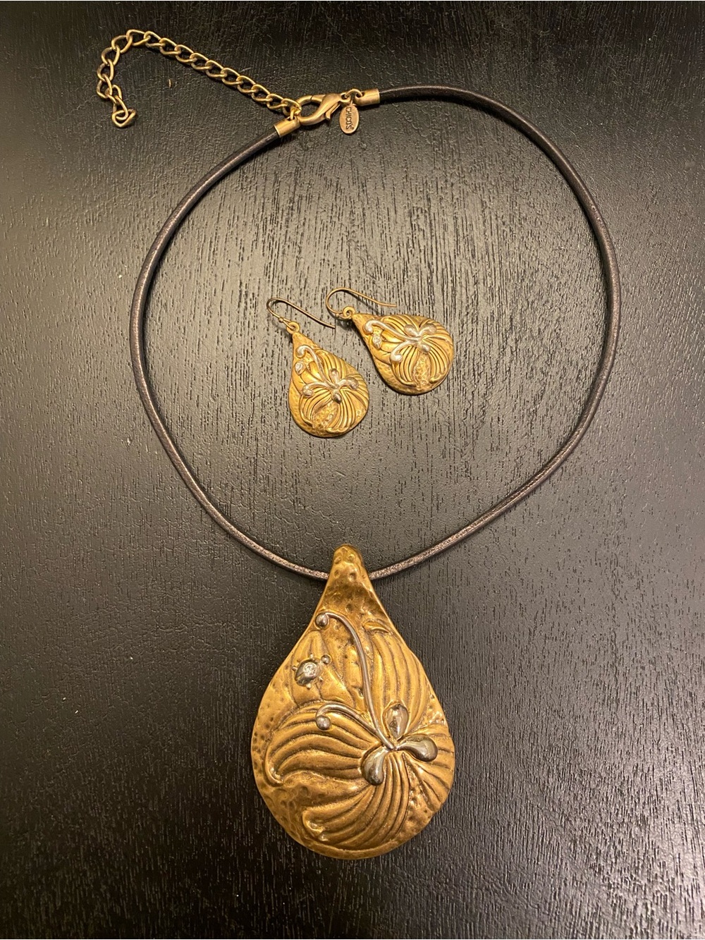 Chico's brass Art Nouveau statement jewelry set featuring botanical motif